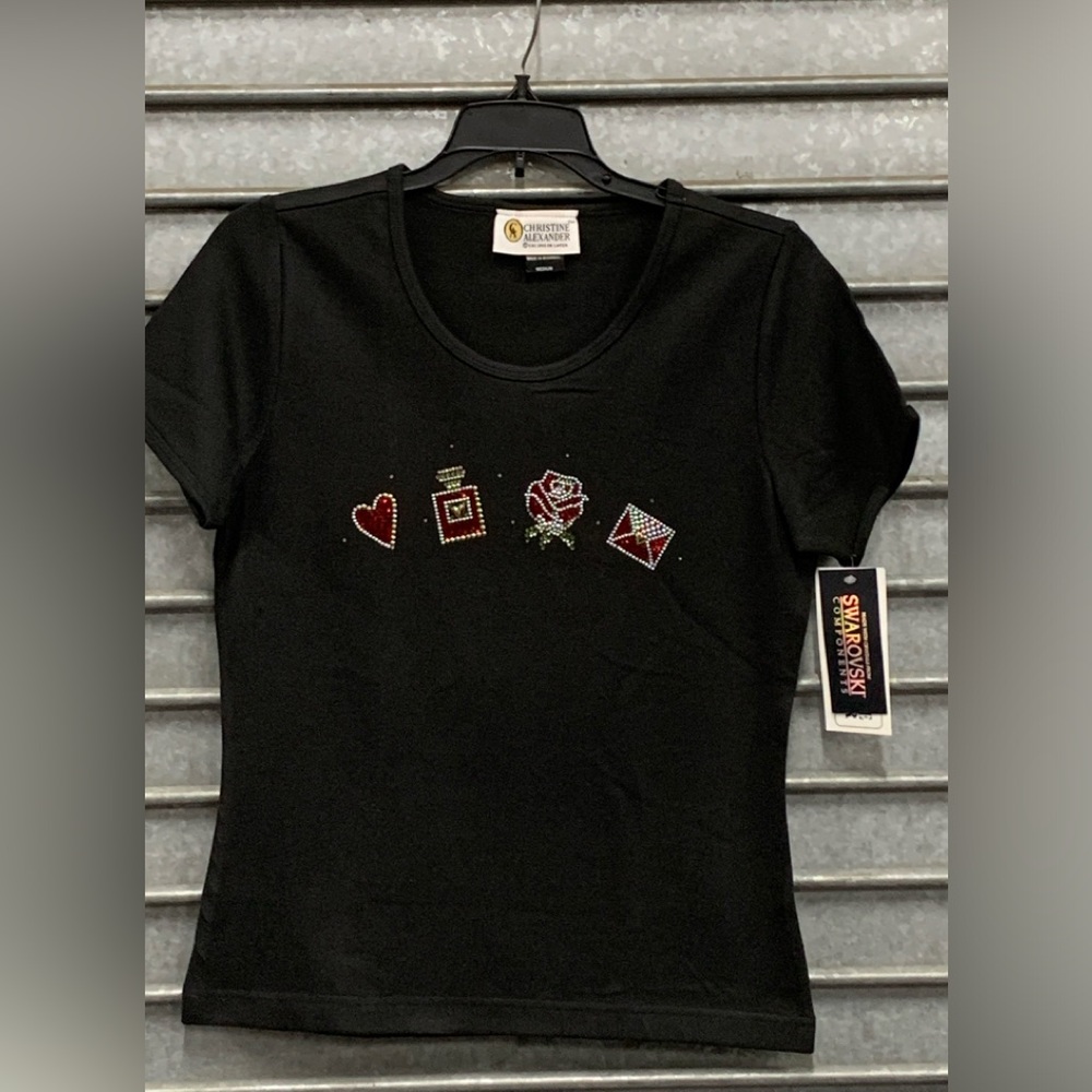 NWT Christine Alexander Black Fitted Short Sleeve shirt signs of love
